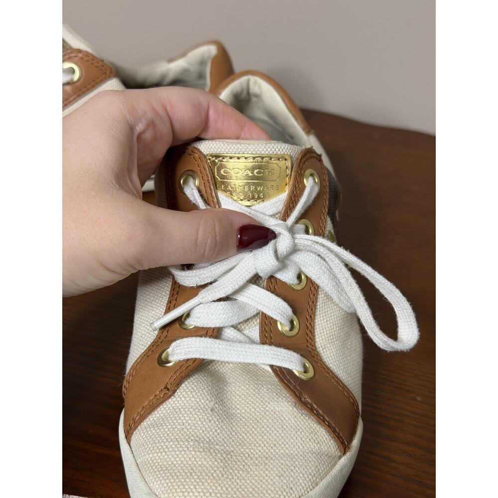 Coach White Canvas and Brown Leather Accent Sneakers - Picture 4 of 12